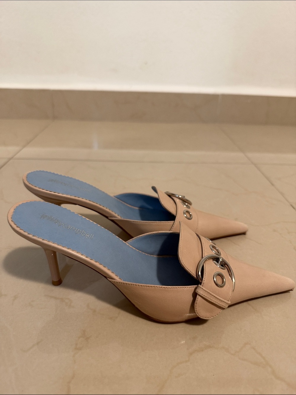 Jeffrey Campbell Beige Pointed Mule Heels with Silver Buckle